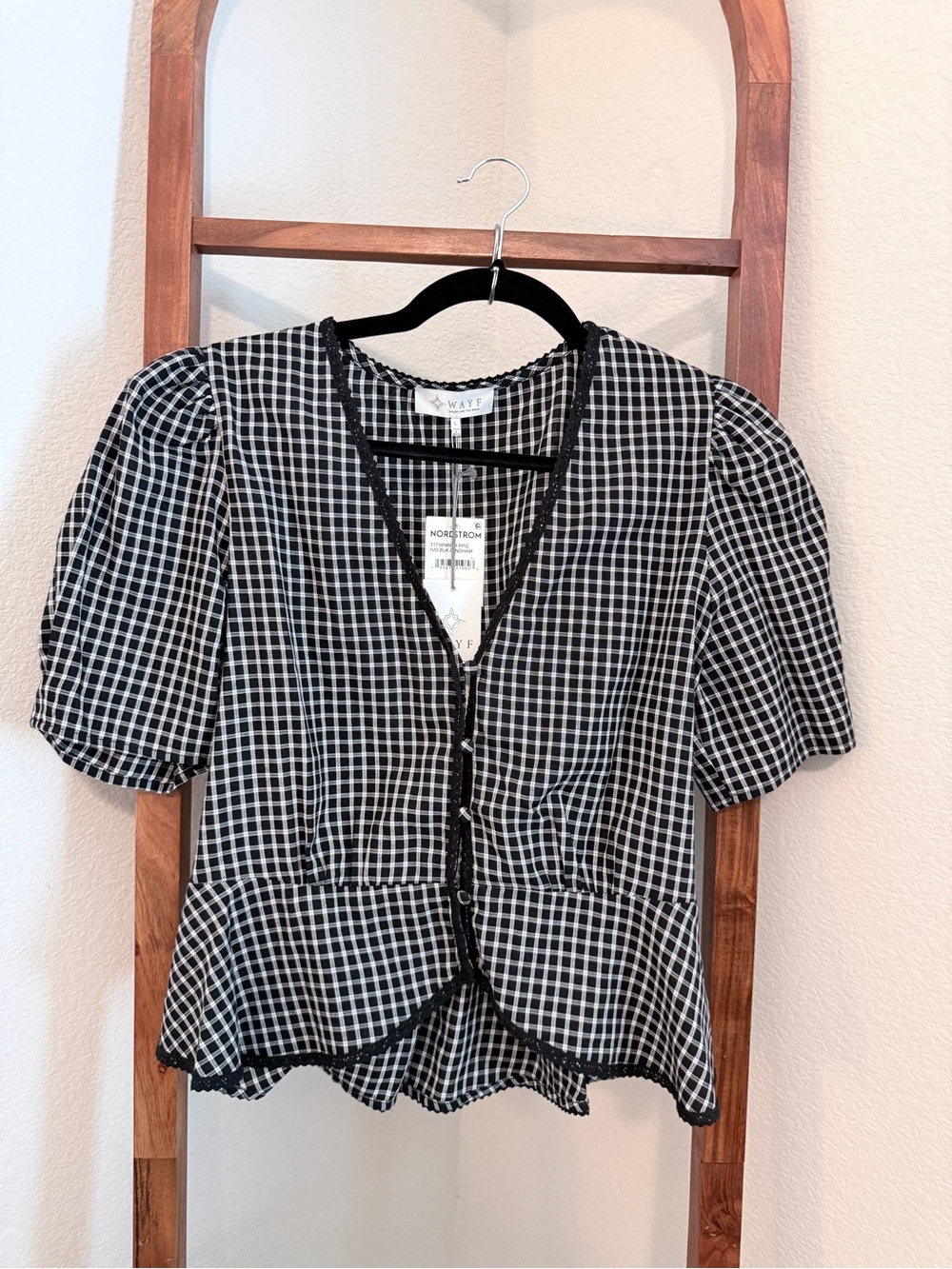 Wayf Black & White Gingham Button-Front Peplum Blouse